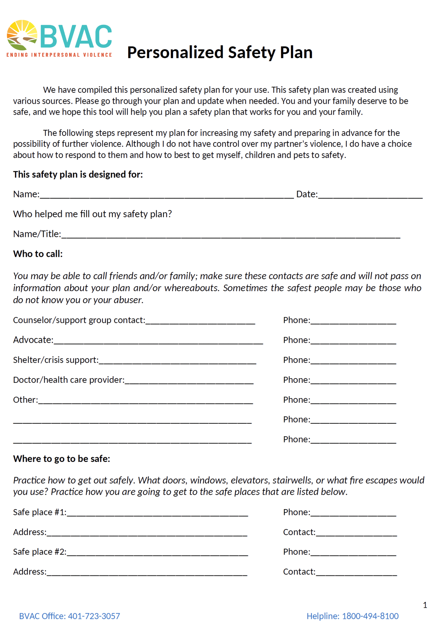 Safety Plan | BVAC Rhode Island Domestic Violence Support